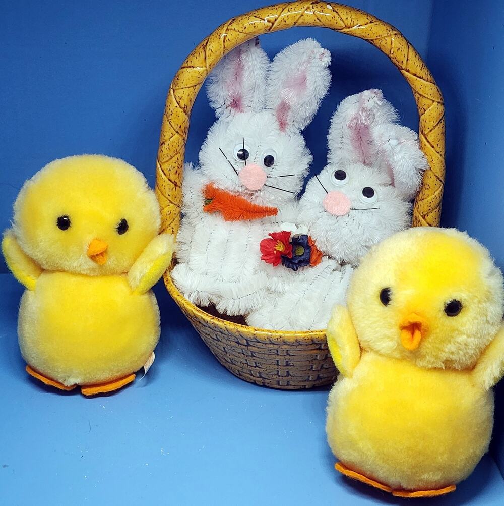 MCM Art Pottery Yellow Easter Basket Chenille Bunnies & Plush Small Chicks